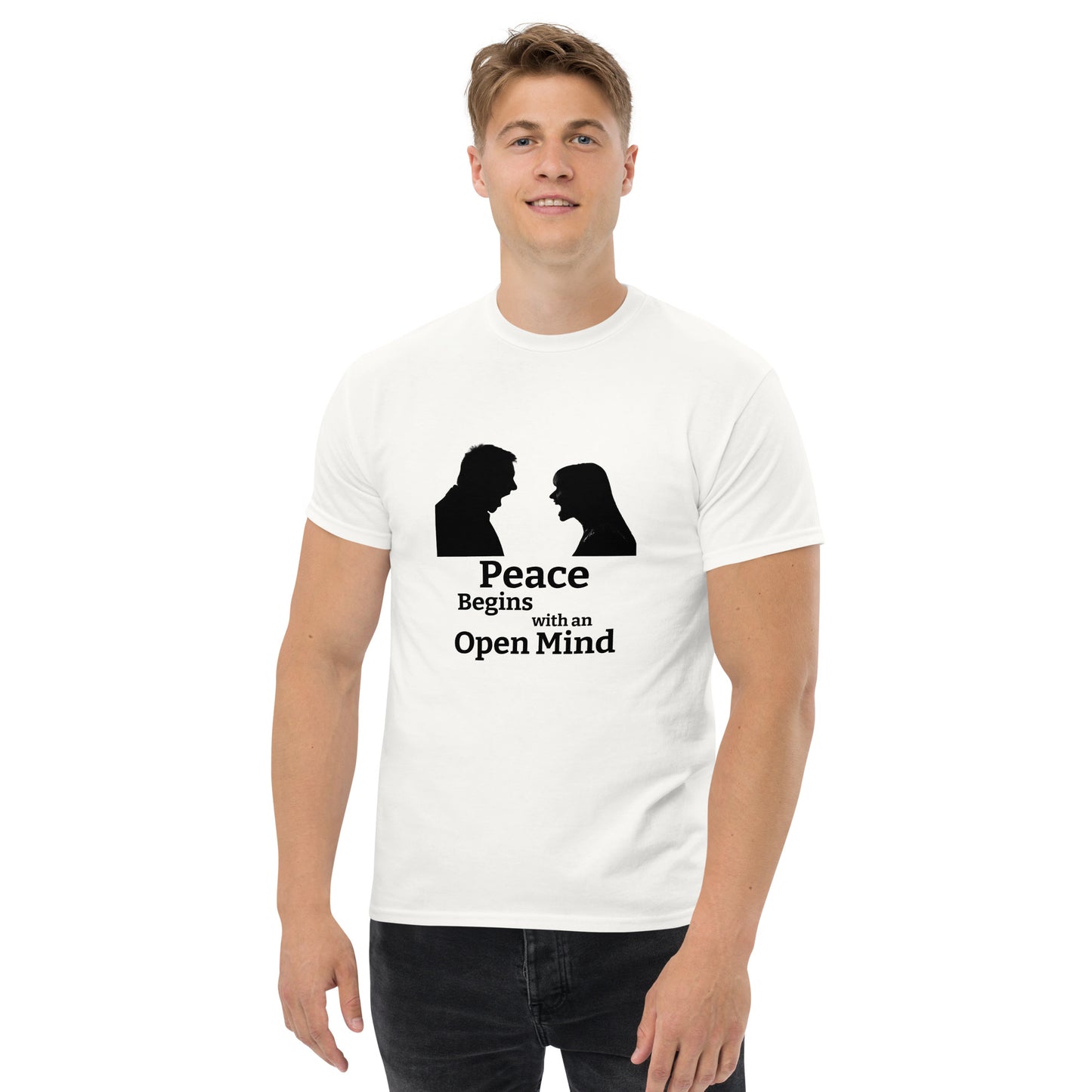 "Peace Begins with an Open Mind" Unisex T-Shirt by Mighty Shirt
