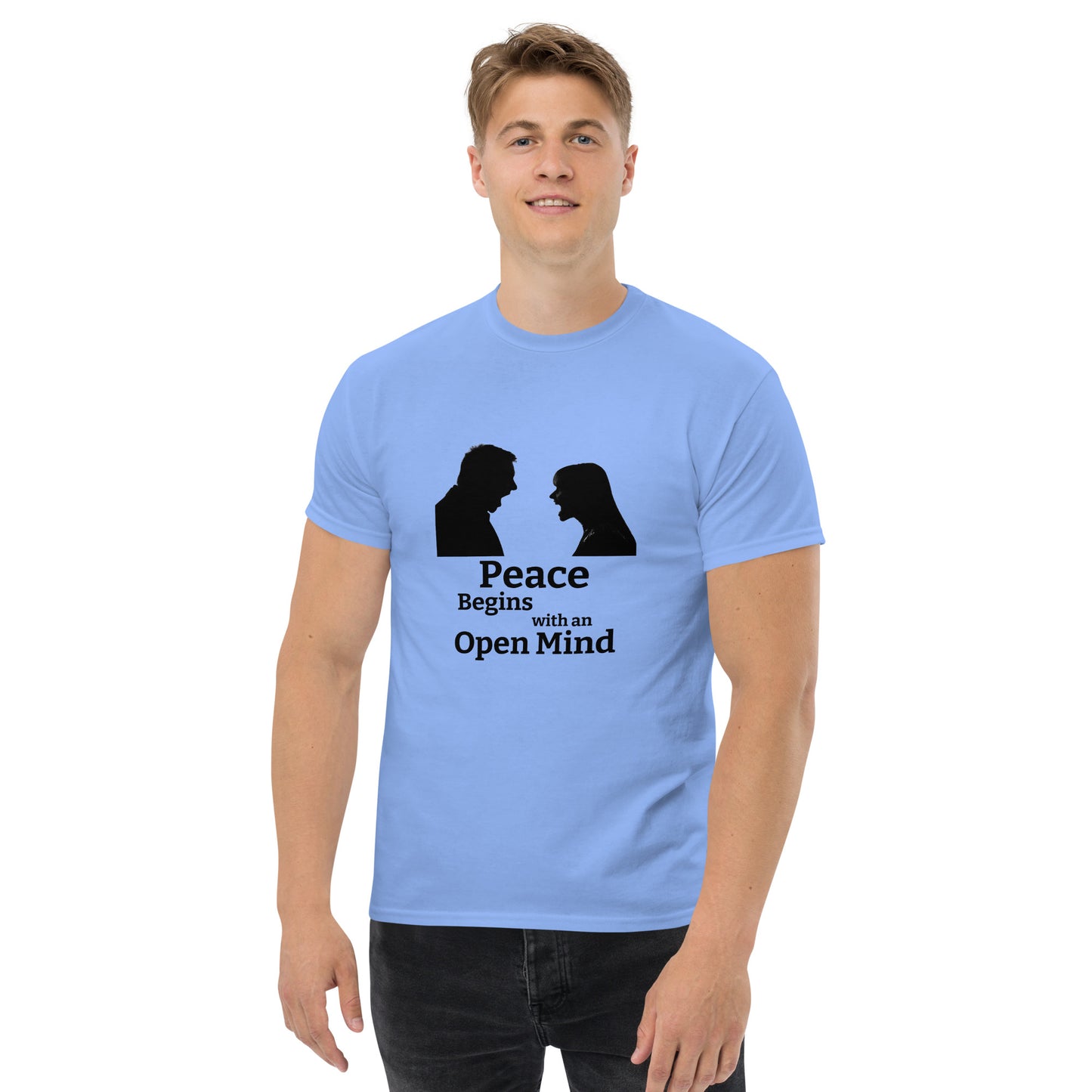 "Peace Begins with an Open Mind" Unisex T-Shirt by Mighty Shirt