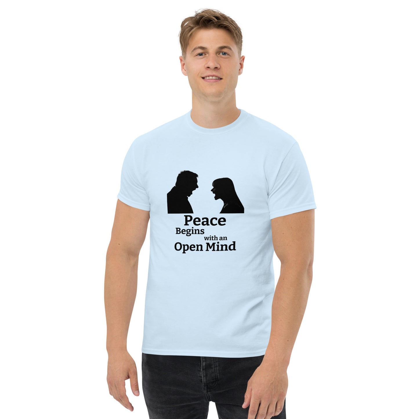 "Peace Begins with an Open Mind" Unisex T-Shirt by Mighty Shirt