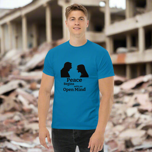 "Peace Begins with an Open Mind" Unisex T-Shirt by Mighty Shirt
