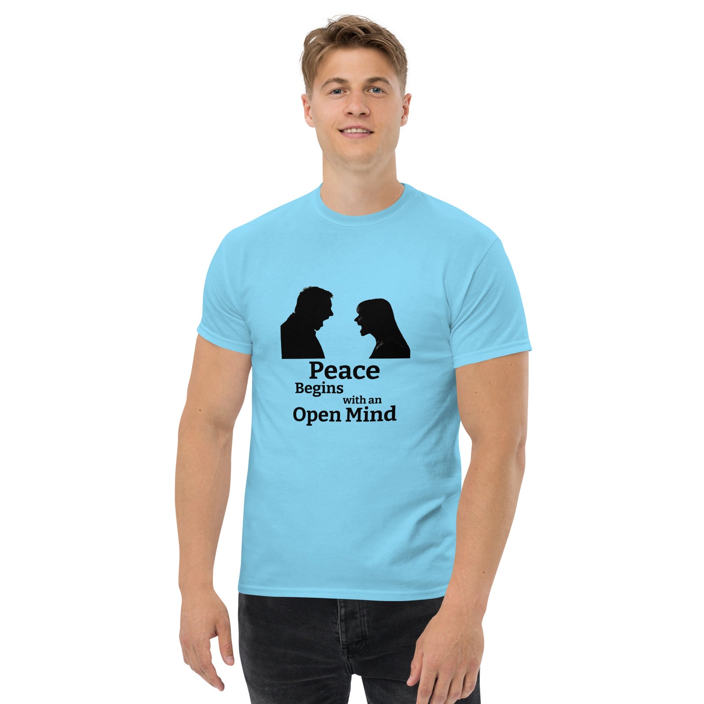 "Peace Begins with an Open Mind" Unisex T-Shirt by Mighty Shirt