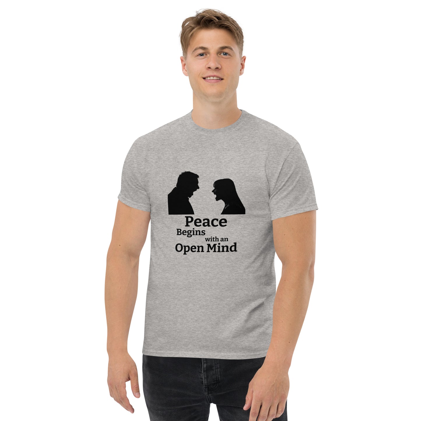 "Peace Begins with an Open Mind" Unisex T-Shirt by Mighty Shirt