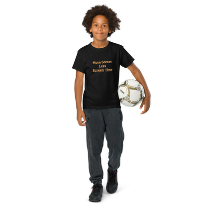 more soccer less screen time kids youth 50/50 blend T-shirt mighty shirt