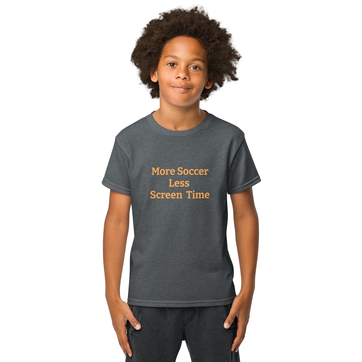 more soccer less screen time kids youth 50/50 blend T-shirt mighty shirt
