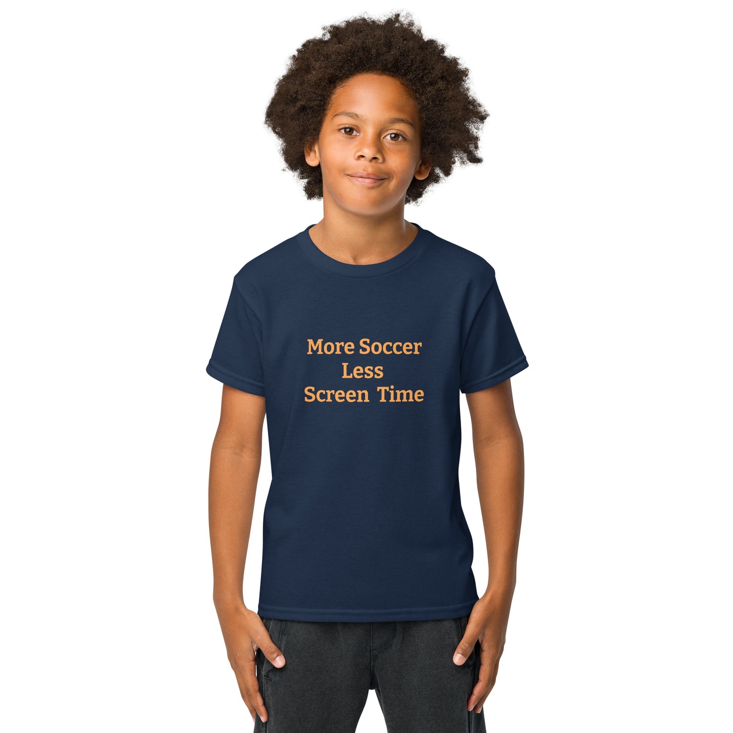 more soccer less screen time kids youth 50/50 blend T-shirt mighty shirt