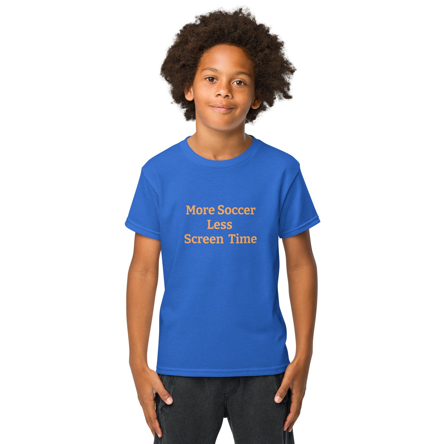 more soccer less screen time kids youth 50/50 blend T-shirt mighty shirt